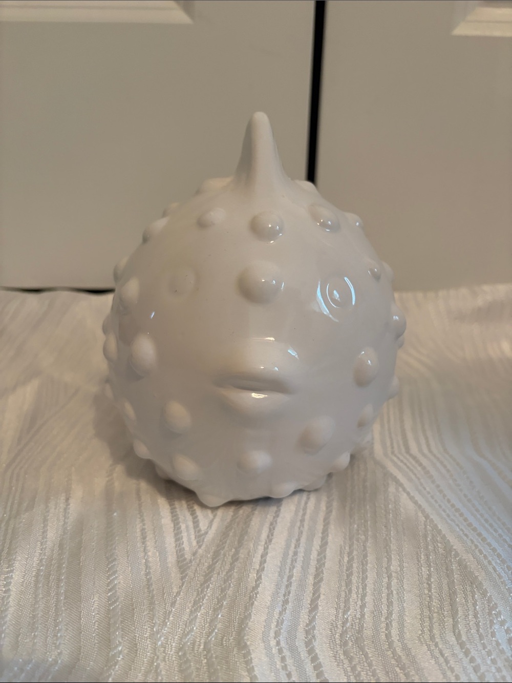 Glossy White Ceramic Puffer Fish Sculpture for Shelf or Tabletop